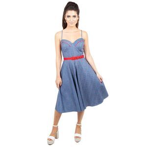 VOODOO VIXEN Cherry Midi Dress Womens Plus Size XXL Blue Pinup A Line 1950's